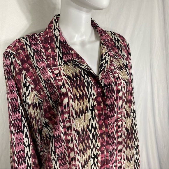Donnkenny Woman Vintage Mauve Beige Print Long Sleeve Button Up Blouse - Picture 2 of 6